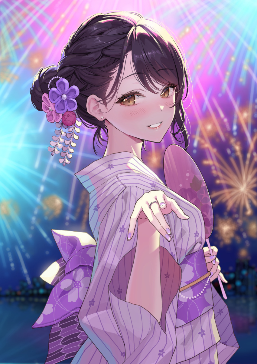 1girl, absurdres, aerial_fireworks, black_hair, blurry, blurry_background, blush, braid