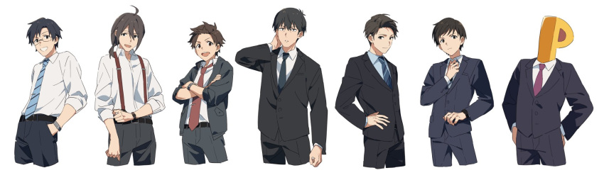 6+boys, adjusting_clothes, adjusting_necktie, ahoge, belt_buckle, black_suit, brown_hair, buckle