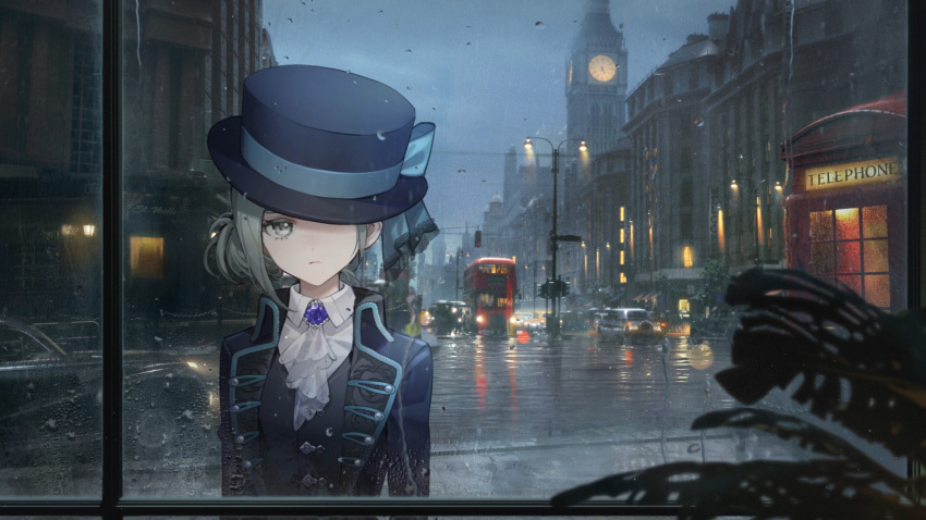 1girl, black_vest, blue_bow, blurry, blurry_foreground, boater_hat, bow, building