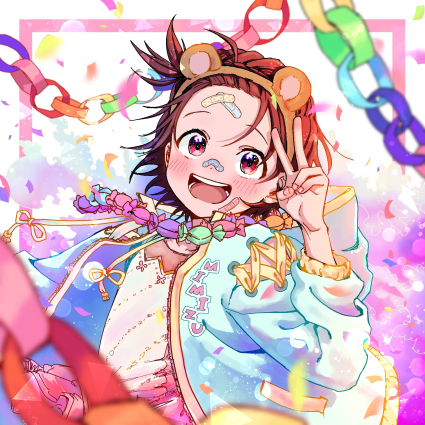 1girl, animal_ears, bandaid, bandaid_on_face, bandaid_on_nose, blush, brown_hair, decorations, dress, fake_animal_ears, hairband, highres, jacket, looking_at_viewer, medalist_(manga), moc_0625, non-web_source, open_clothes, open_jacket, open_mouth, red_eyes, short_hair, smile, solo, teeth, upper_body, v, yuitsuka_inori