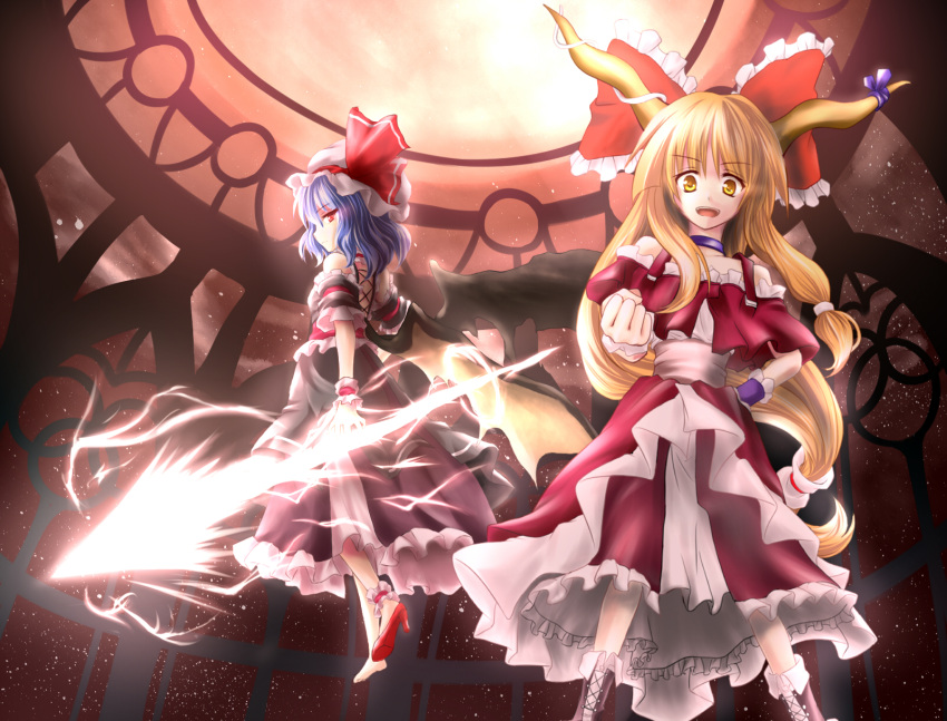alternate_costume, barefoot, bat_wings, blue_hair, bow, chaigidhiell, chain, doombringer
