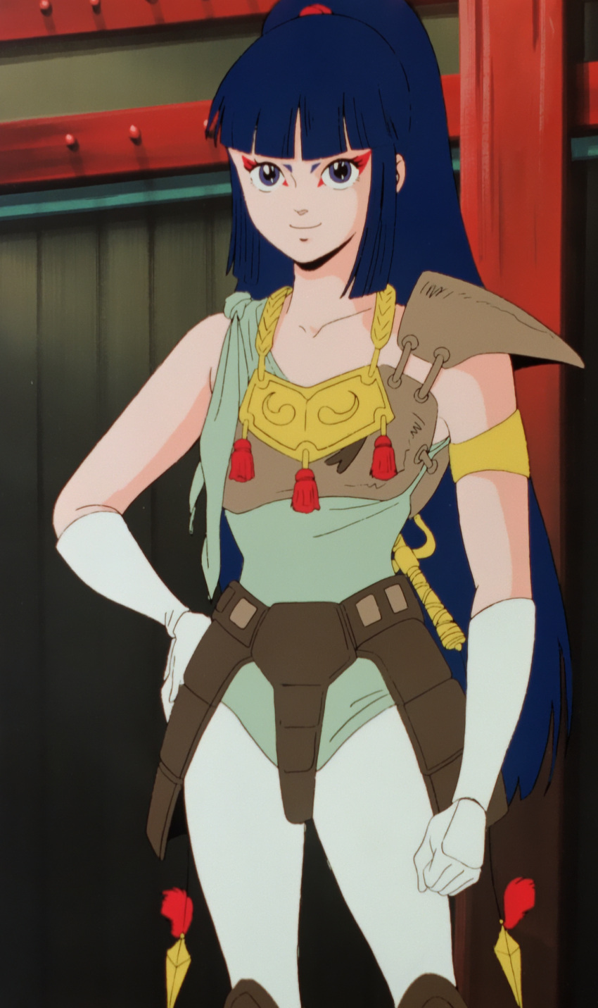 1girl, armor, asymmetrical_armor, blue_eyes, blue_hair, elbow_gloves, hand_on_hip, high_ponytail