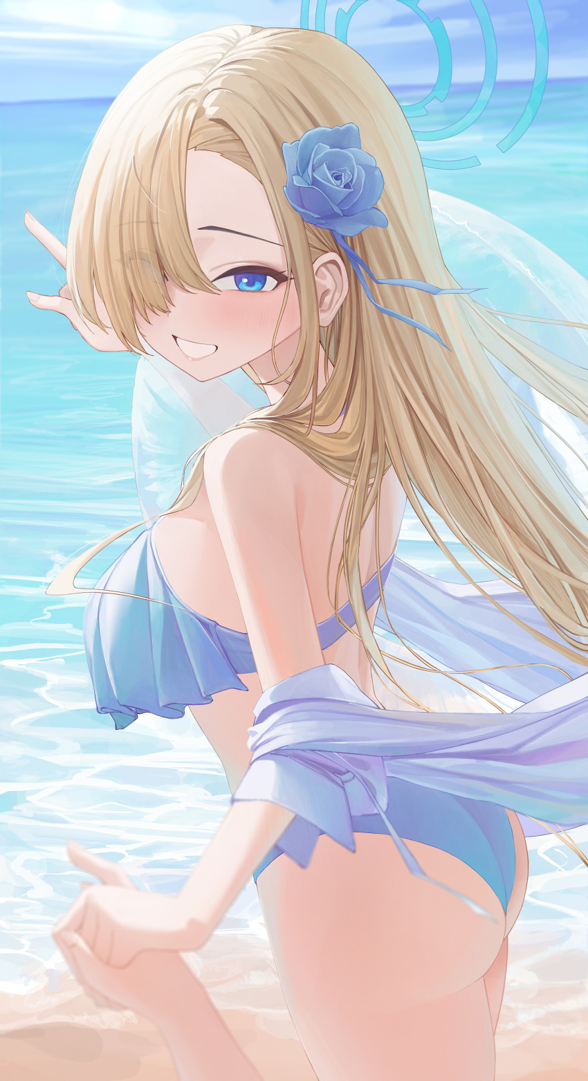1boy, 1girl, absurdres, ass, asuna_(blue_archive), bare_shoulders, beach, bikini, blonde_hair, blue_archive, blue_bikini, blue_eyes, blue_flower, blue_rose, blue_sky, blush, breasts, day, flower, from_behind, hair_flower, hair_ornament, hair_over_one_eye, halo, halterneck, highres, holding_hands, large_breasts, long_hair, looking_at_viewer, outdoors, pointing, pointing_forward, rose, sky, smile, starblue, swimsuit, very_long_hair, water