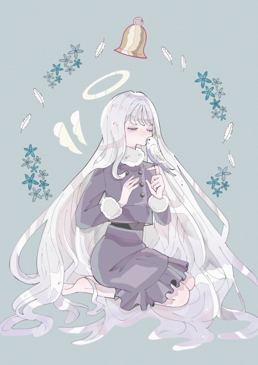1girl, bell, bird, bird_on_hand, closed_eyes, cropped_jacket, feathers, flower