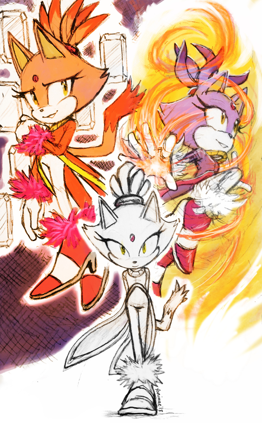1girl, animal_ears, blaze_the_cat, burning_blaze, cat_ears, cat_tail, eyelashes, fire, forehead_jewel, fur-trimmed_footwear, fur-trimmed_gloves, fur_trim, gloves, gold_necklace, high_heels, highres, jacket, jewelry, looking_at_viewer, necklace, pants, pink_footwear, pink_fur, purple_fur, purple_jacket, pyrokinesis, red_jacket, sketch, sol_emerald, sonic_(series), tail, white_pants, yanimae, yellow_eyes