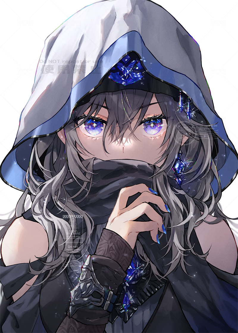 1girl, bare_shoulders, black_scarf, blue_nails, commission, drop_earrings, earrings, grey_hair