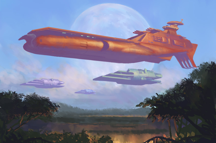 cannon, carrier, fleet, fmu, gamilon, iscandar, planet, realistic, science_fiction, sink_hole, sinkhole, space_craft, taking_off, tree, turret, uchuu_senkan_yamato