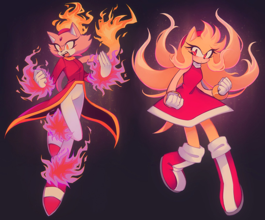 2girls, amy_rose, animal_ears, blaze_the_cat, burning, burning_blaze, cat_ears, clenched_hands
