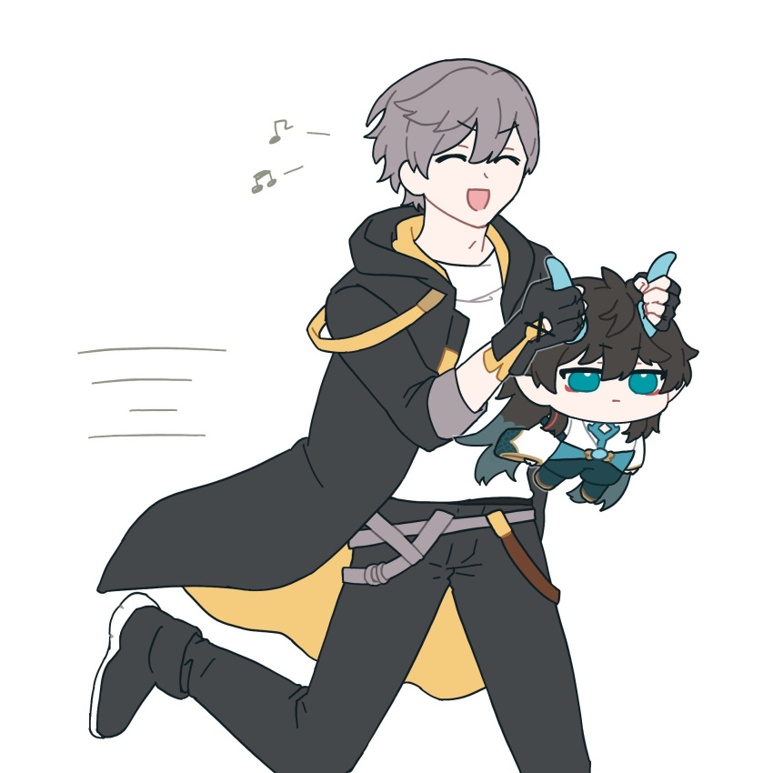 :d, black_footwear, black_gloves, black_hair, black_jacket, black_pants, caelus_(honkai:_star_rail), chibi
