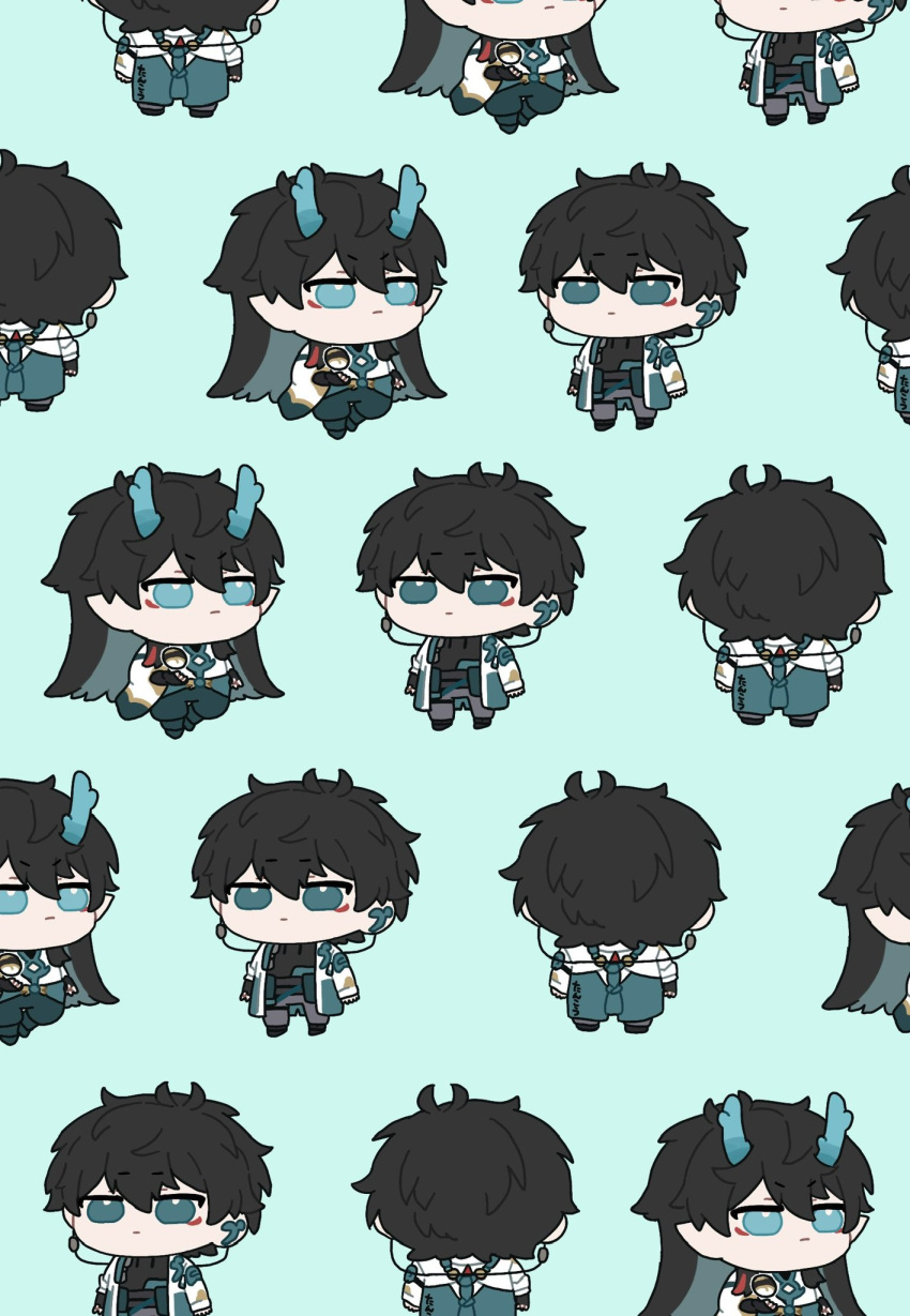 alternate_form, back, black_hair, black_shirt, chibi, chinese_clothes, closed_mouth, coat