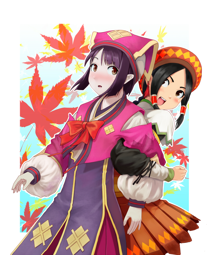 back-to-back, black_hair, blush, bow, braid, dress, guild_sweetheart, hat