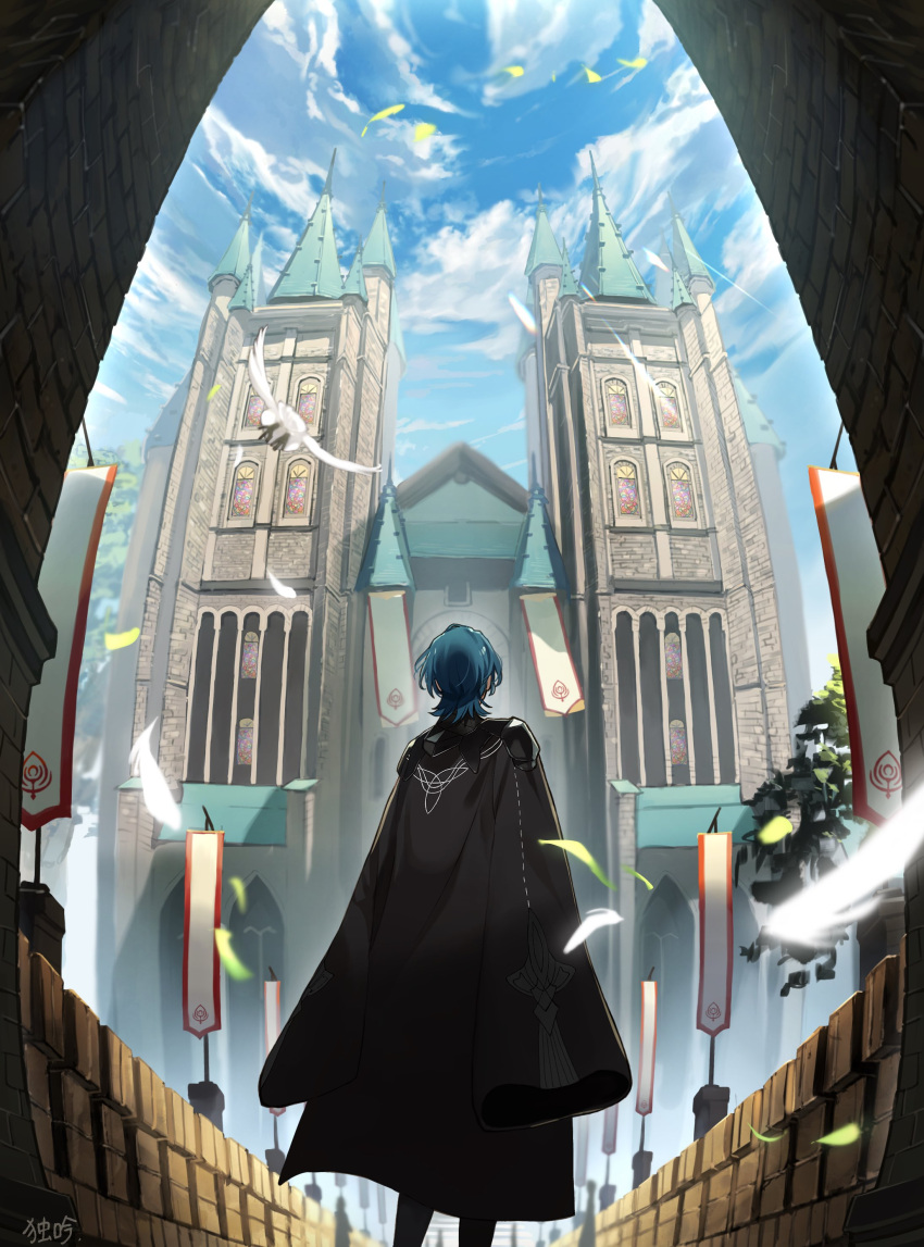 1boy, absurdres, animal, bird, black_cape, blue_hair, blue_sky, byleth_(fire_emblem)