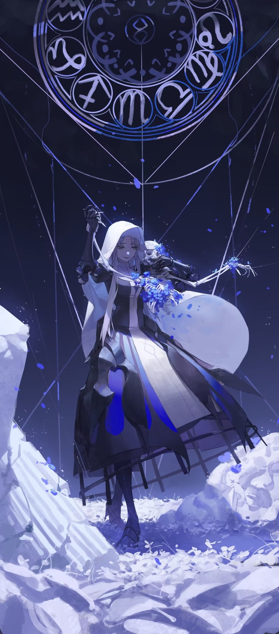 1girl, armor, armored_boots, armored_dress, armored_gloves, black_dress, blue_flower, blue_petals