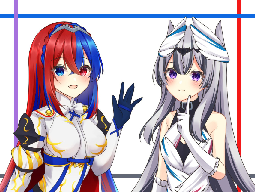 2girls, alear_(female)_(fire_emblem), alear_(fire_emblem), blue_eyes, blue_hair, closed_mouth, dress, feather_hair_ornament