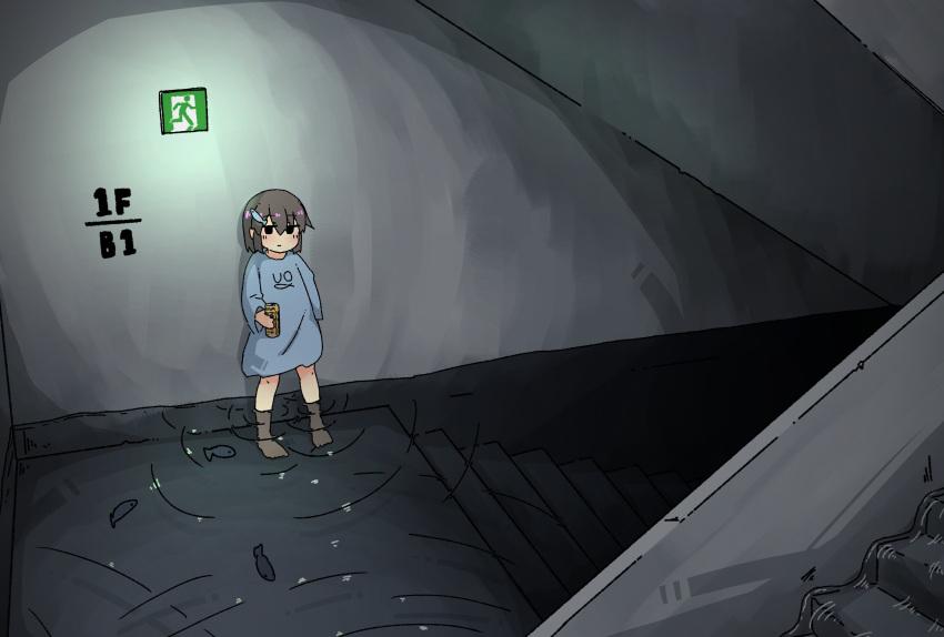 1girl, absurdres, against_wall, barefoot, black_eyes, blush, brown_hair, can