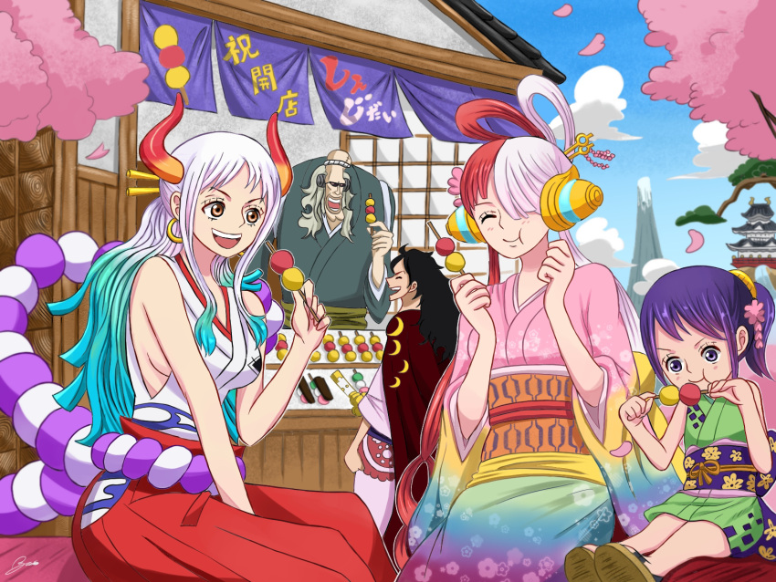 2boys, 3girls, apple7apo, asymmetrical_bangs, black_cape, black_hair, cape, clouds, dango, day, earrings, eating, food, gordon_(one_piece), grey_hair, hair_bun, hair_ornament, hair_over_one_eye, hair_rings, hakama, headphones, highres, holding, holding_food, hoop_earrings, horns, japanese_clothes, jewelry, kimono, long_hair, momonosuke_(one_piece), multicolored_hair, multiple_boys, multiple_girls, old, old_man, one_eye_covered, one_piece, one_piece_film:_red, oni_horns, open_mouth, outdoors, purple_hair, scar, sky, smile, streaked_hair, sunglasses, tama_(one_piece), traditional_clothes, twintails, two-tone_hair, uta_(one_piece), wagashi, yamato_(one_piece)