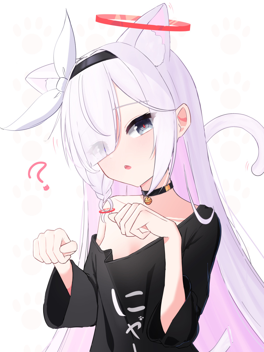 1girl, absurdres, animal_ear_fluff, animal_ears, bell, black_shirt, blue_archive, braid, cat_ears, cat_girl, cat_tail, collar, collarbone, extra_ears, fang, hair_over_one_eye, highres, kaede_0634, kemonomimi_mode, long_hair, looking_at_viewer, neck_bell, off-shoulder_shirt, off_shoulder, oversized_clothes, oversized_shirt, paw_pose, pink_pupils, plana_(blue_archive), shirt, simple_background, solo, tail, white_background