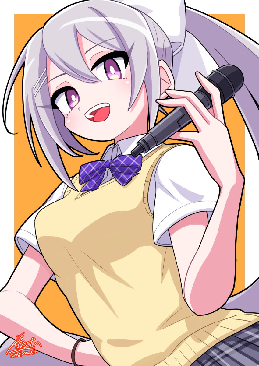 1girl, bow, bowtie, collared_shirt, cowboy_shot, grey_hair, grey_skirt, hair_bow, hair_ornament, hairclip, hand_on_own_hip, highres, higuchi_kaede, higuchi_kaede_(3rd_costume), holding, holding_microphone, long_hair, microphone, mole, mole_under_eye, negiponzu, nijisanji, official_alternate_costume, plaid, plaid_skirt, pleated_skirt, ponytail, purple_bow, purple_bowtie, school_uniform, shirt, short_sleeves, skirt, summer_uniform, very_long_hair, vest, violet_eyes, virtual_youtuber, white_bow, white_shirt, yellow_vest