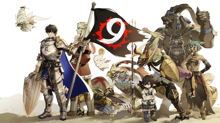 3boys, 3girls, armor, black_hair, blonde_hair, boots, braid, breasts
