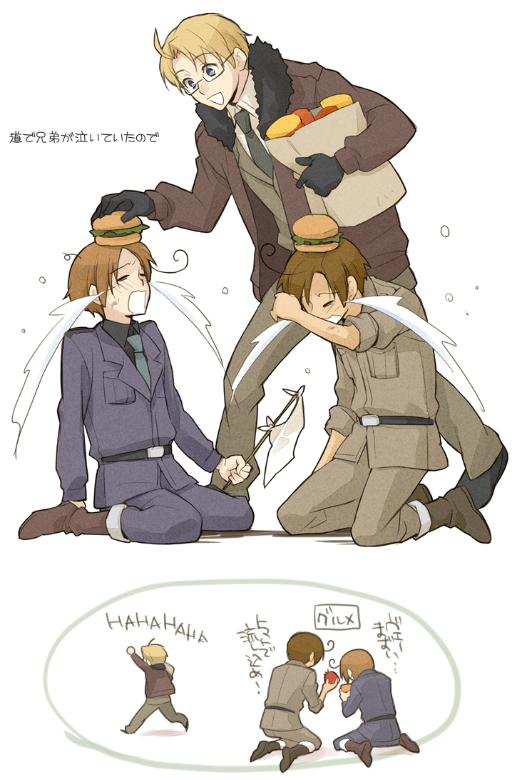 america_(hetalia), aqua_eyes, axis_powers_hetalia, blonde_hair, blue_eyes, bomber_jacket, brothers, brown_hair