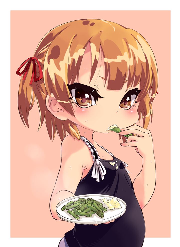 belly, brown_eyes, brown_hair, eating, food, food_on_face, hair_ribbon, mano_(shampoohatter), marui_mitsuba, mitsudomoe, plate, ribbon, short_twintails, solo, twintails