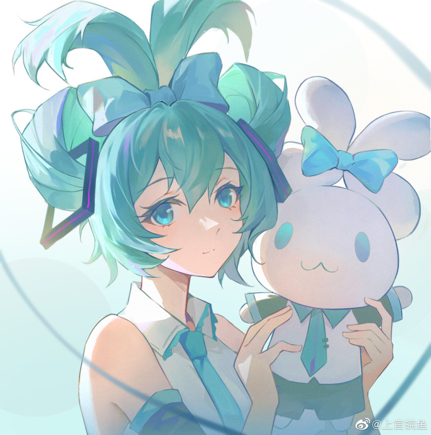 1girl, :3, aqua_eyes, aqua_hair, aqua_necktie, bare_shoulders, blue_bow, bow