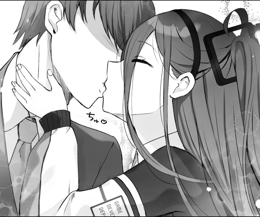 1boy, 1girl, aris_(blue_archive), blue_archive, closed_eyes, collared_shirt, commentary_request, eyes_visible_through_hair