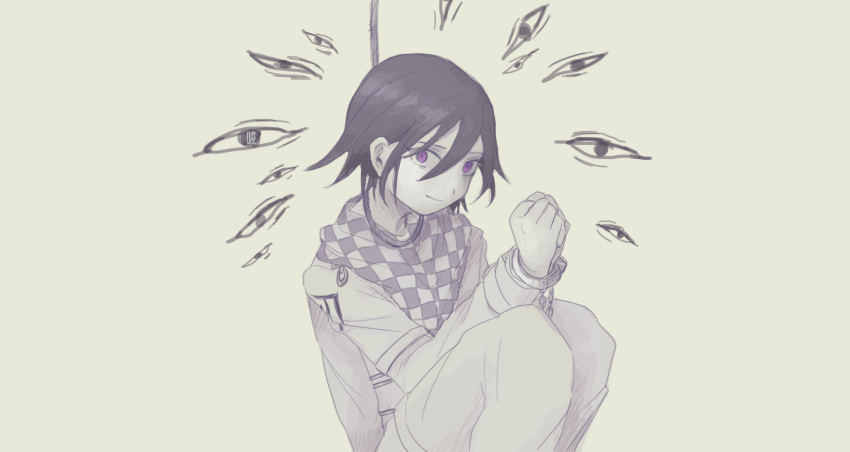 1boy, asami_(space_neko), checkered_clothes, checkered_scarf, closed_mouth, cuffs, danganronpa_(series), danganronpa_v3:_killing_harmony