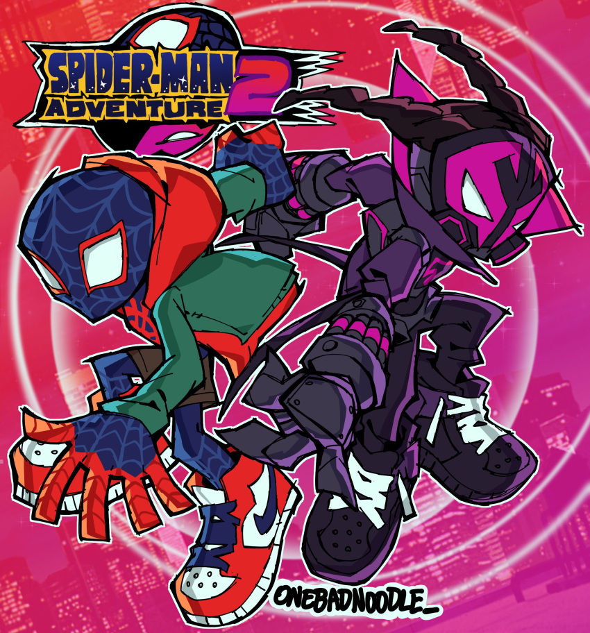 2boys, artist_name, back-to-back, building, dreadlocks, english_commentary, highres, hood, hoodie, male_focus, marvel, miles_morales, multiple_boys, new_york, parody, prowler_(marvel), skyscraper, sonic_(series), sonic_adventure_2, spider-man:_across_the_spider-verse, spider-man_(series), spider-verse, spoilers, superhero, the_noodle_(onebadnoodle), title_parody, two-tone_bodysuit