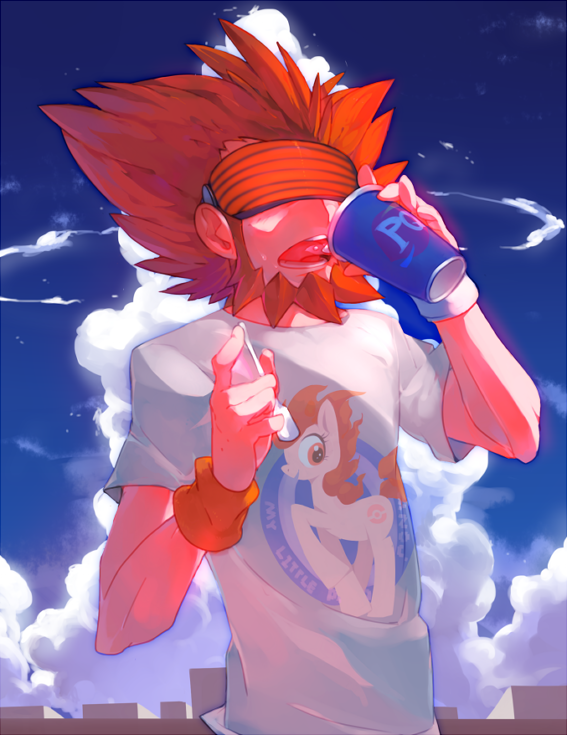 1boy, beard, blue_sky, brad_(16325), clouds, cup, dairy_queen, facial_hair