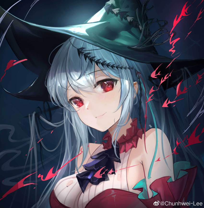 1girl, absurdres, aqua_headwear, arknights, ascot, bare_shoulders, black_ascot, breasts