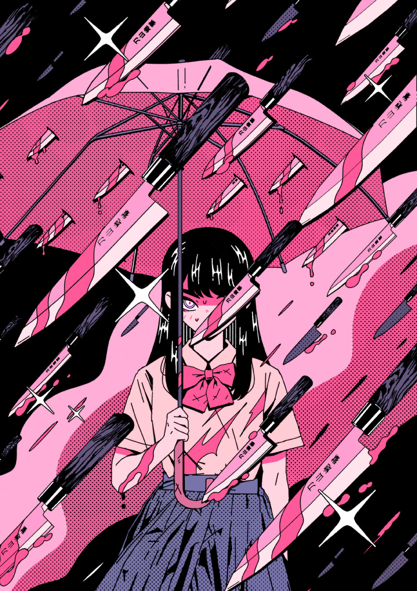 1girl, arkestar, black_background, black_hair, blue_skirt, bow, collared_shirt, commentary