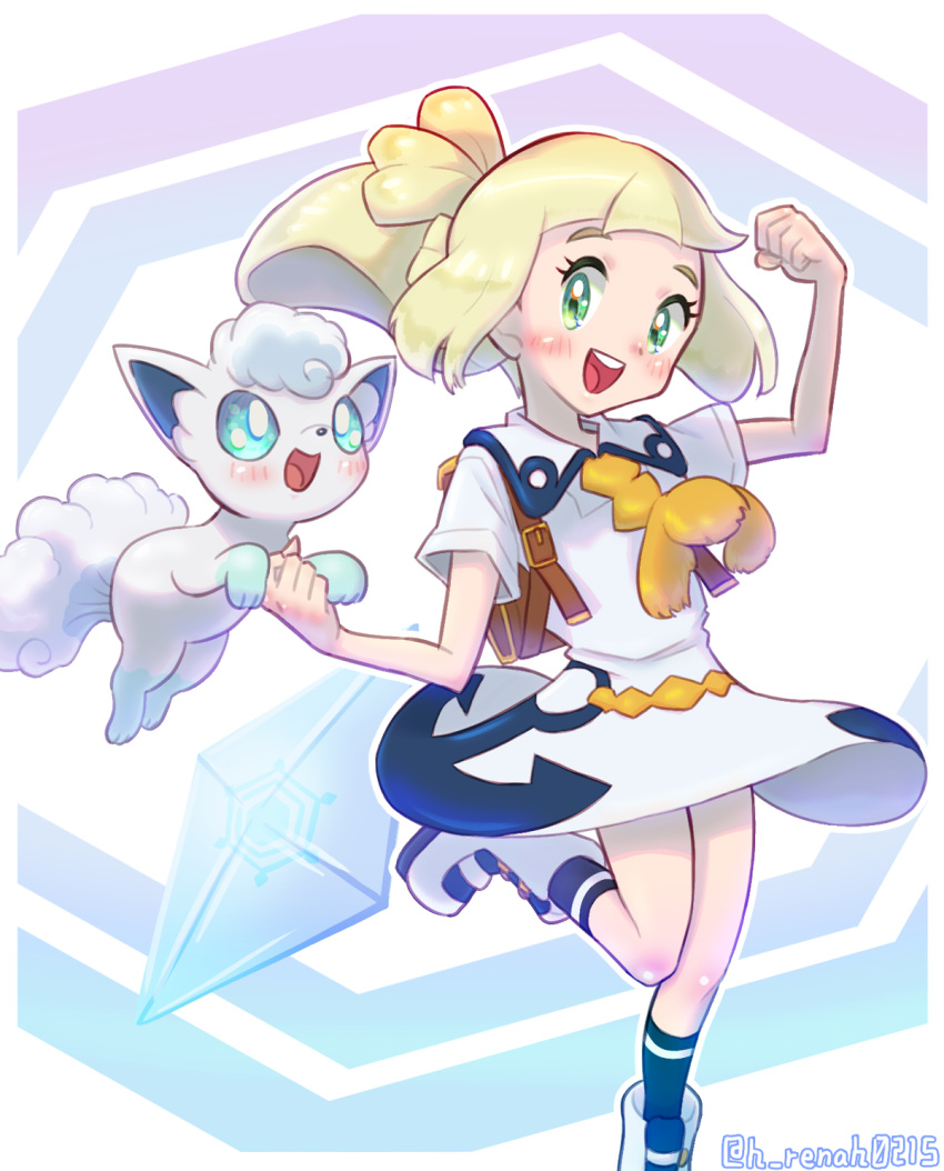 alolan_vulpix, alternate_costume, arms_up, backpack, bag, belt, blonde_hair, blue_socks