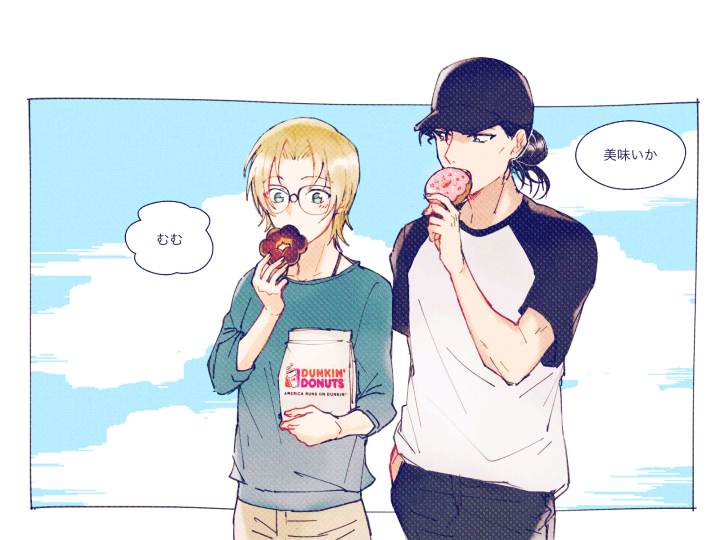 1boy, 1girl, akai_shuuichi, bag, baseball_cap, black_hair, black_headwear, blonde_hair