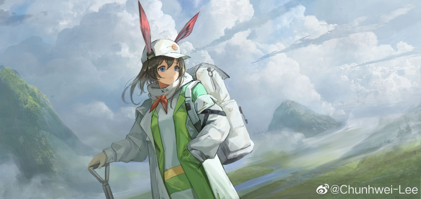 1girl, absurdres, amiya_(arknights), amiya_(planter)_(arknights), animal_ears, arknights, backpack, bag