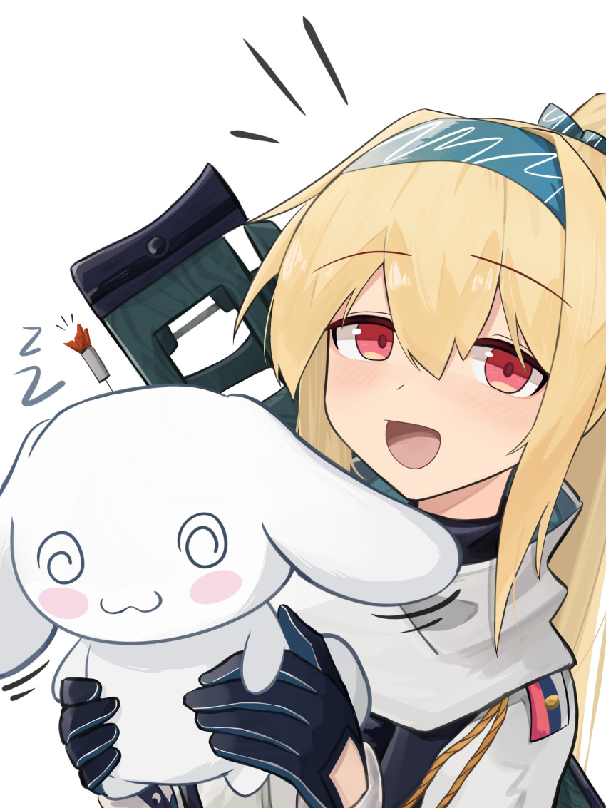 1girl, :3, :d, @_@, absurdres, animal, black_gloves, blonde_hair, blue_hairband, blush_stickers, bolt_action, closed_mouth, commentary, gamryous, girls_frontline, gloves, gun, hair_between_eyes, hairband, hands_up, highres, holding, holding_animal, jacket, long_hair, looking_at_viewer, name_connection, notice_lines, object_namesake, ponytail, rabbit, red_eyes, rifle, scarf, simple_background, smile, sniper_rifle, solo, sv-98, sv-98_(girls'_frontline), tranquilizer_dart, weapon, white_background, white_jacket, white_scarf, zzz