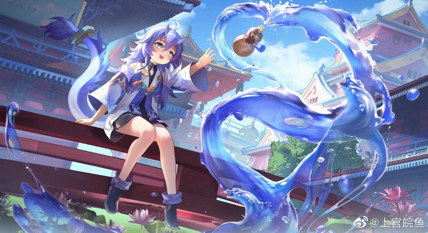 1girl, :d, ahoge, ankle_boots, architecture, arm_support, arm_up, bailu_(honkai:_star_rail)