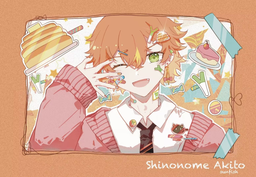 1boy, :d, \||/, arm_at_side, bandaid, bandaid_on_face, black_necktie, cake