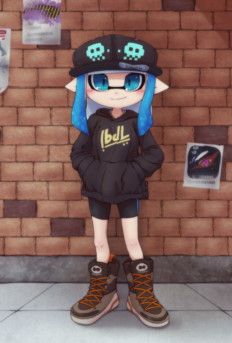 1girl, bike_shorts, black_footwear, black_headwear, black_hoodie, blue_hair, brick_wall, closed_mouth