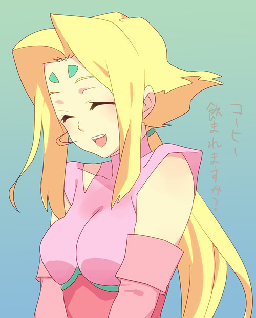 blonde_hair, closed_eyes, detached_sleeves, facial_mark, fiona_(zoids), happy, long_hair, lowres, open_mouth, ponytail, solo, taki_(nakochan), taki_(pixiv), v_arms, zoids, zoids_chaotic_century