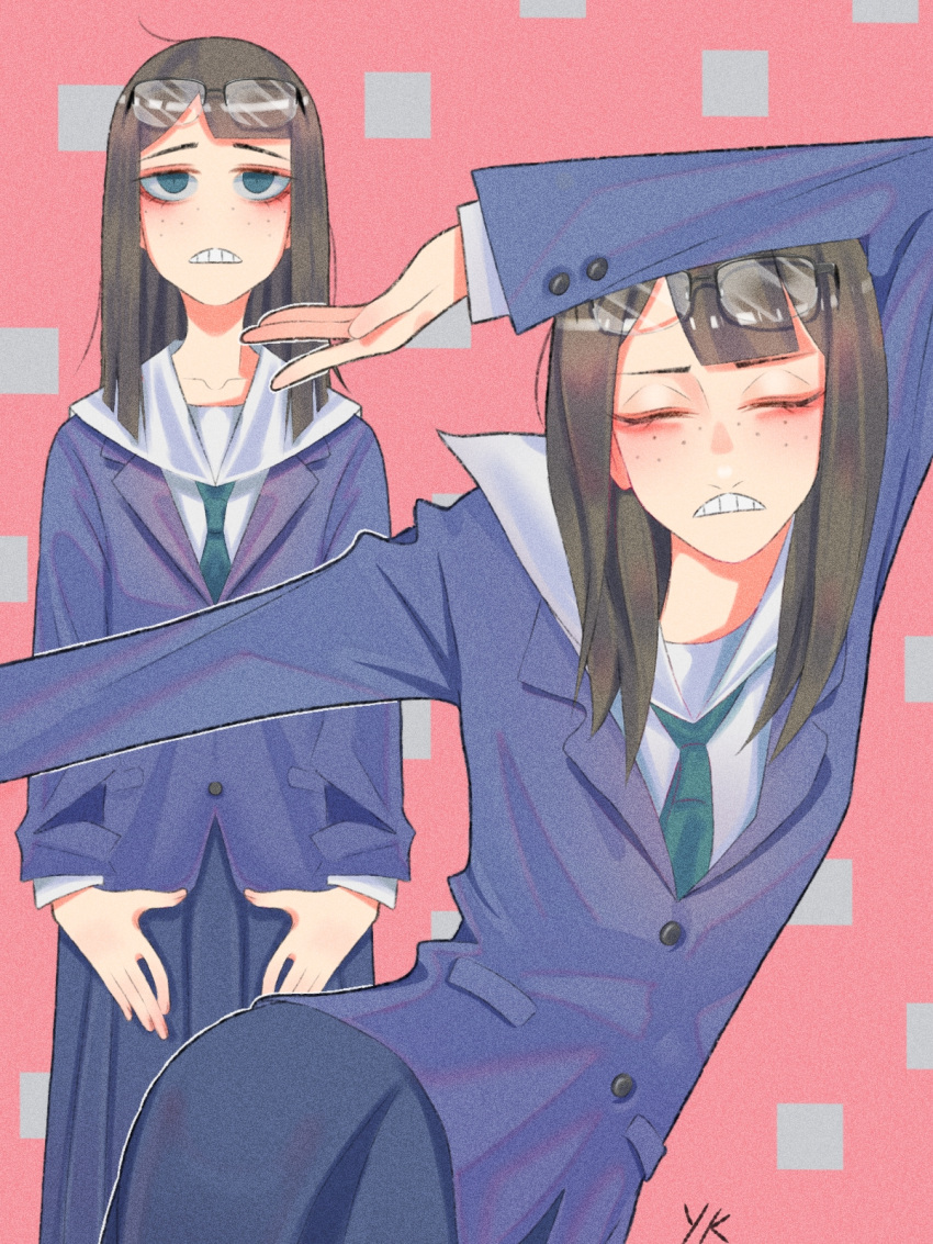 1girl, arm_up, artist_name, asymmetrical_bangs, black-framed_eyewear, blazer, blue_jacket, blue_skirt