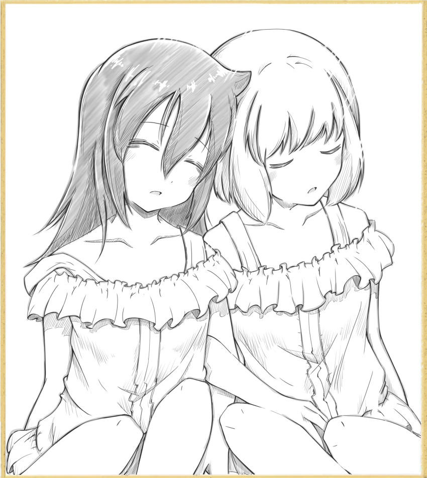 2girls, azuminonomizua, blush, closed_eyes, collarbone, dress, frilled_dress, frills