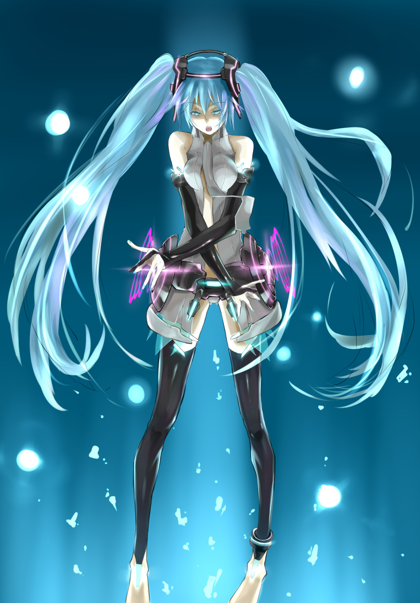 absurdres, aqua_eyes, aqua_hair, bad_id, barefoot, breast_squeeze, breasts, bridal_gauntlets