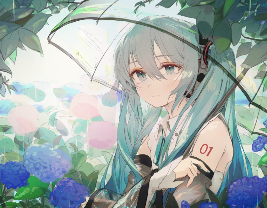 1girl, absurdres, bare_shoulders, black_sleeves, blue_eyes, blue_flower, blue_hair, blue_nails