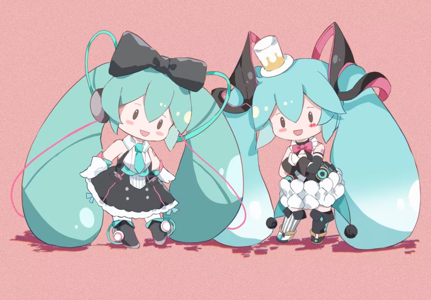 2girls, :d, absurdly_long_hair, asymmetrical_legwear, black_bow, black_eyes, black_skirt, black_thighhighs
