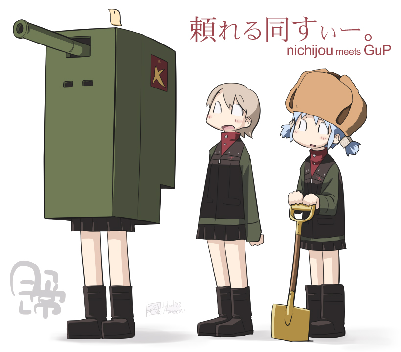 3girls, acronym, aioi_yuuko, alina_(girls_und_panzer), alina_(girls_und_panzer)_(cosplay), aoneco, bird, black_footwear