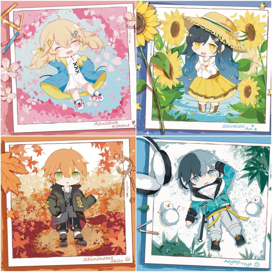 2boys, 2girls, :<, :d, aoyagi_touya, autumn, autumn_leaves, azusawa_kohane