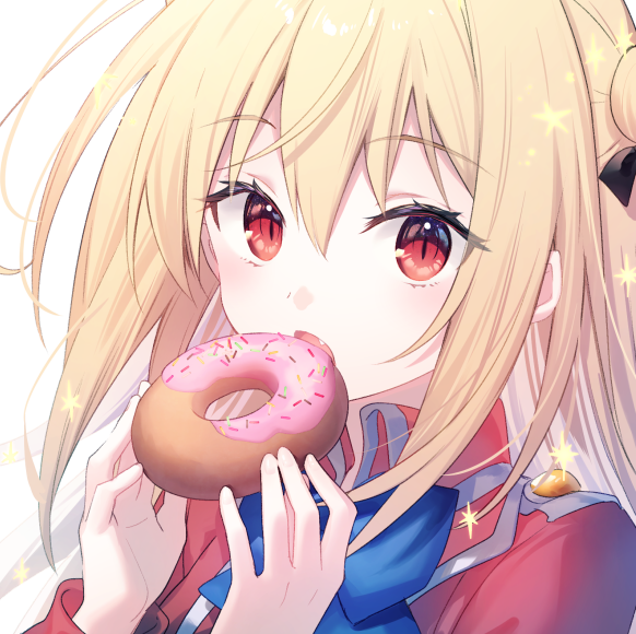 1girl, black_ribbon, blonde_hair, blue_bow, blue_bowtie, bow, bowtie, close-up, collared_dress, doughnut, dress, eating, fang, food, hair_between_eyes, hair_bun, hair_ribbon, hikikomari_kyuuketsuki_no_monmon, long_hair, open_mouth, pink_doughnut, red_dress, red_eyes, red_uniform, ribbon, riichu, slit_pupils, sprinkles, star_(symbol), terakomari_gandezblood
