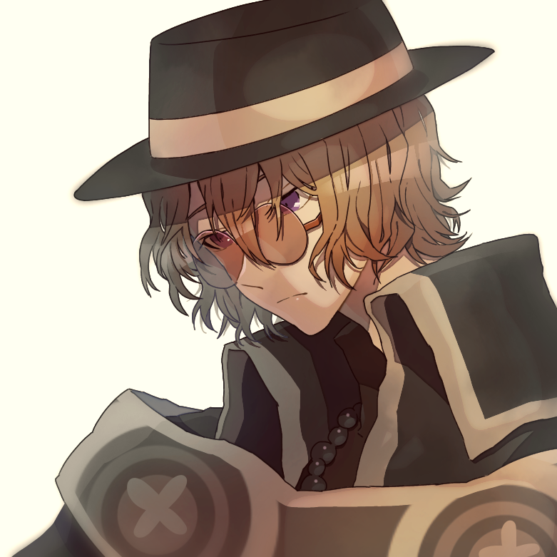 1boy, beads, black_headwear, brown-tinted_eyewear, brown_hair, closed_mouth, faust_lavinia, glasses, hair_between_eyes, hat, high_collar, mahoutsukai_no_yakusoku, male_focus, ojikano, round_eyewear, short_hair, simple_background, solo, tinted_eyewear, upper_body, violet_eyes, white_background
