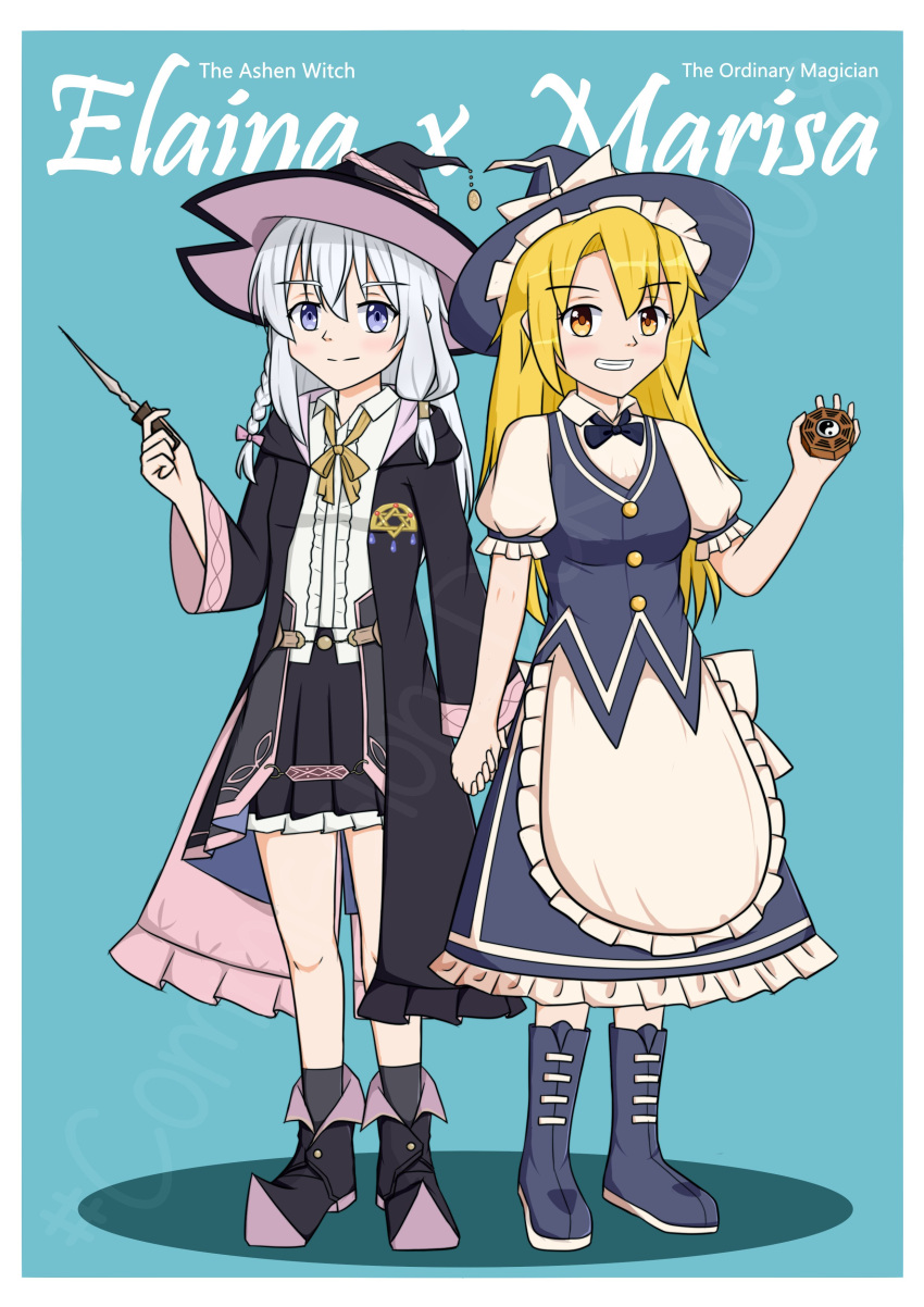 2girls, absurdres, apron, black_skirt, black_vest, blue_background, border, dekapm0048